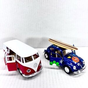 RMZ Red Volkswagen TI Transporter Bus & Kinsmart  VW Beetle Die-cast Car 5”
